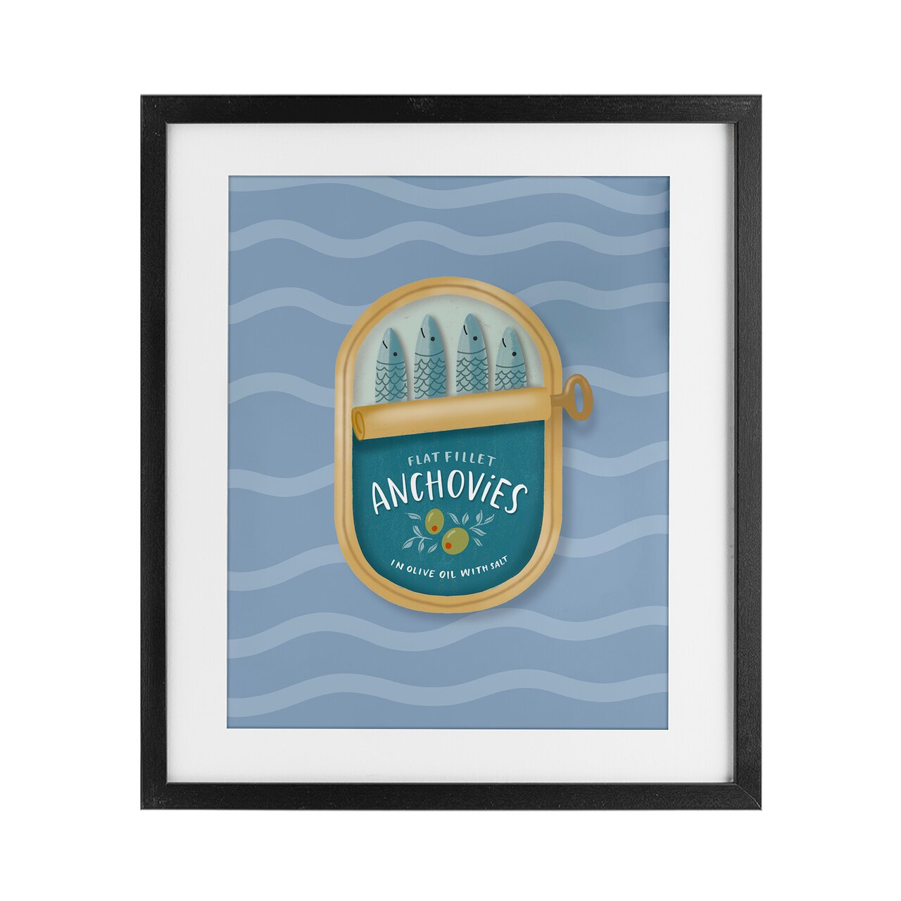 Stupell Industries Canned Anchovies on Waves Framed Print Under Glass, design by Sandra Picco